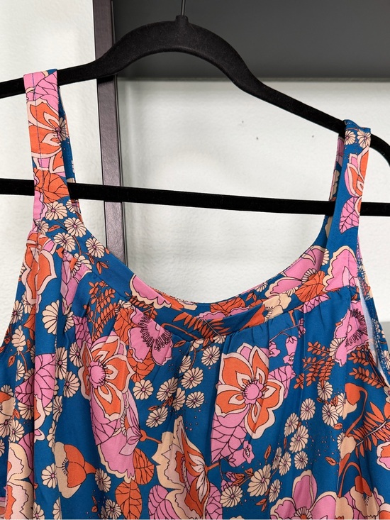 Emery Rose Tops - Floral Scoop Tank Top in Blue with Pink & Orange Flowers